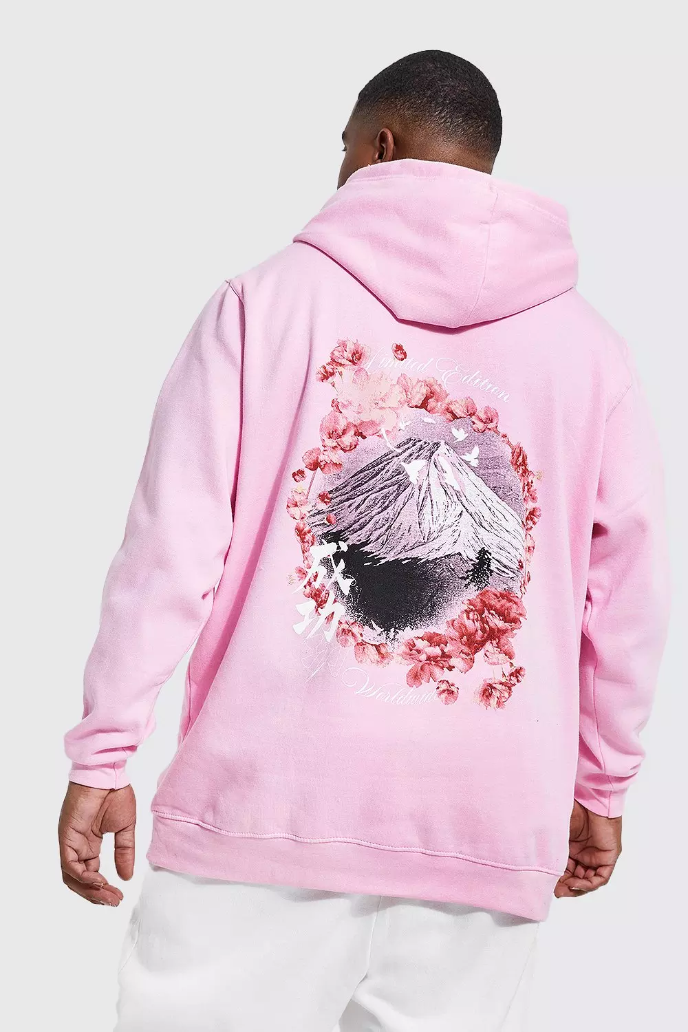 Plus Cherry Blossom Fuji Back Print Hoodie boohooMAN UK